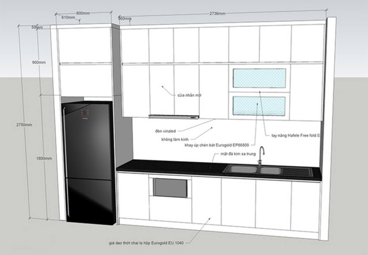 bản vẽ thiết kế tủ bếp chữ i cho nhà nhỏ