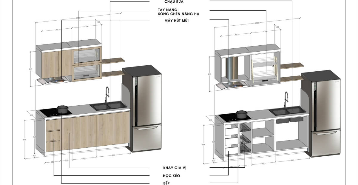 mẫu tủ bếp dài 2m