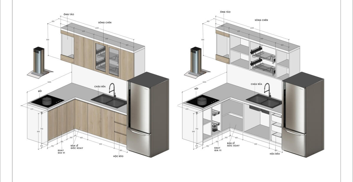 Thiết kế tủ bếp dài 2m