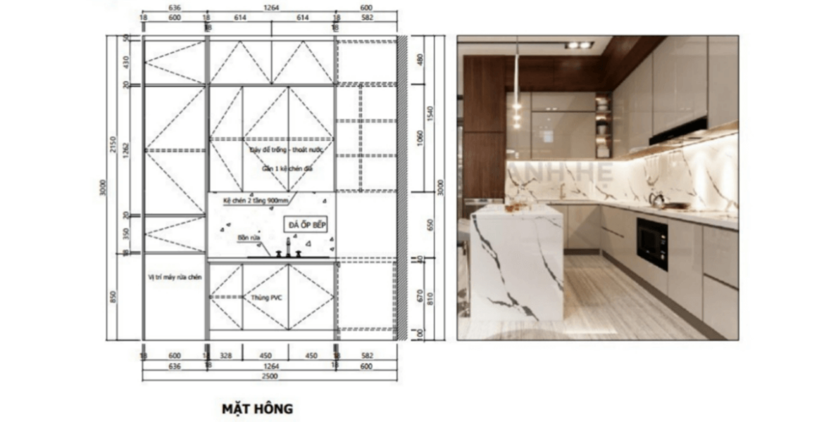 thiết kế tủ bếp dài 3m đẹp