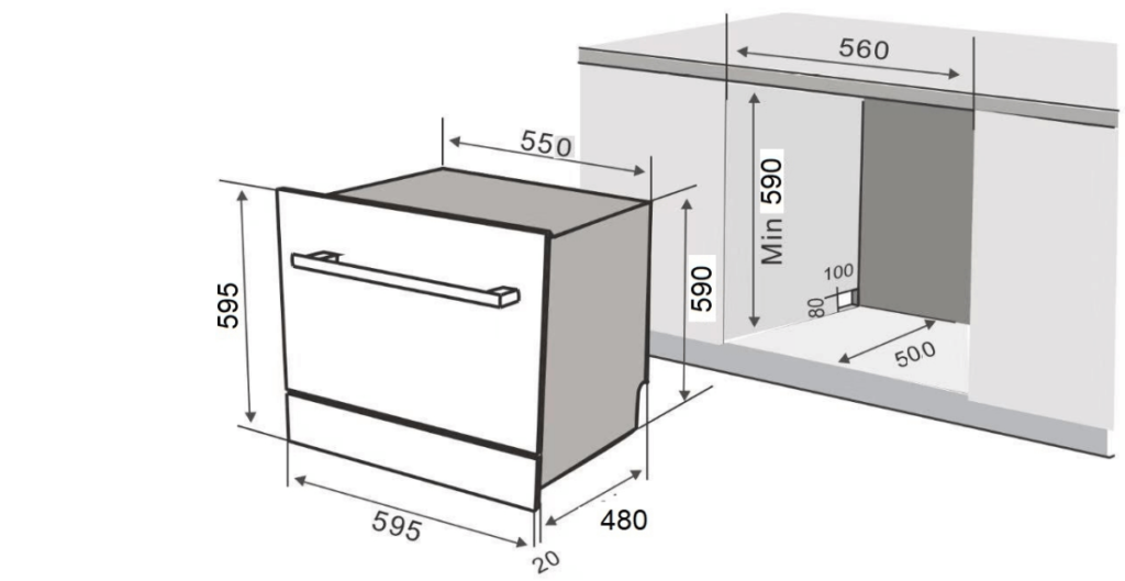 kích thước máy rửa chén 8 bộ