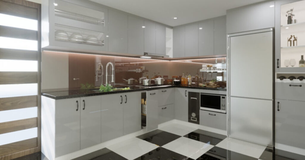 Thiết kế bếp dài 4m hiện đại sang trọng cho nhà phố biệt thự 4 mẫu bếp dài 4m chữ L