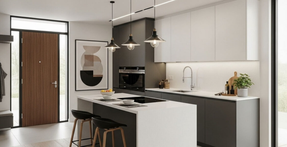 thiết kế bếp ngay cửa ra vào