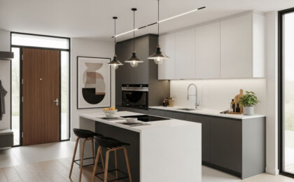 thiết kế bếp ngay cửa ra vào