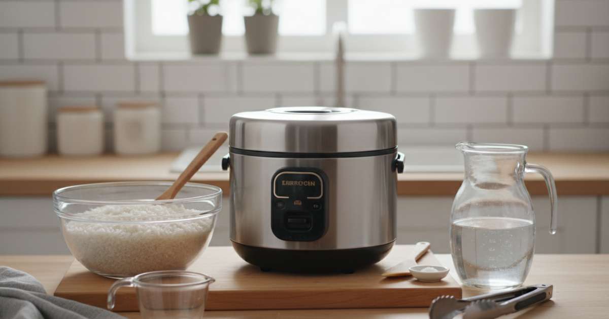 Chuẩn bị nguyên liệu và dụng cụ để nấu cơm bằng bếp điện