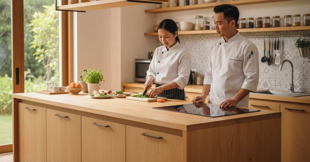Kích thước bàn bếp hợp lý dựa trên vóc dáng người Việt