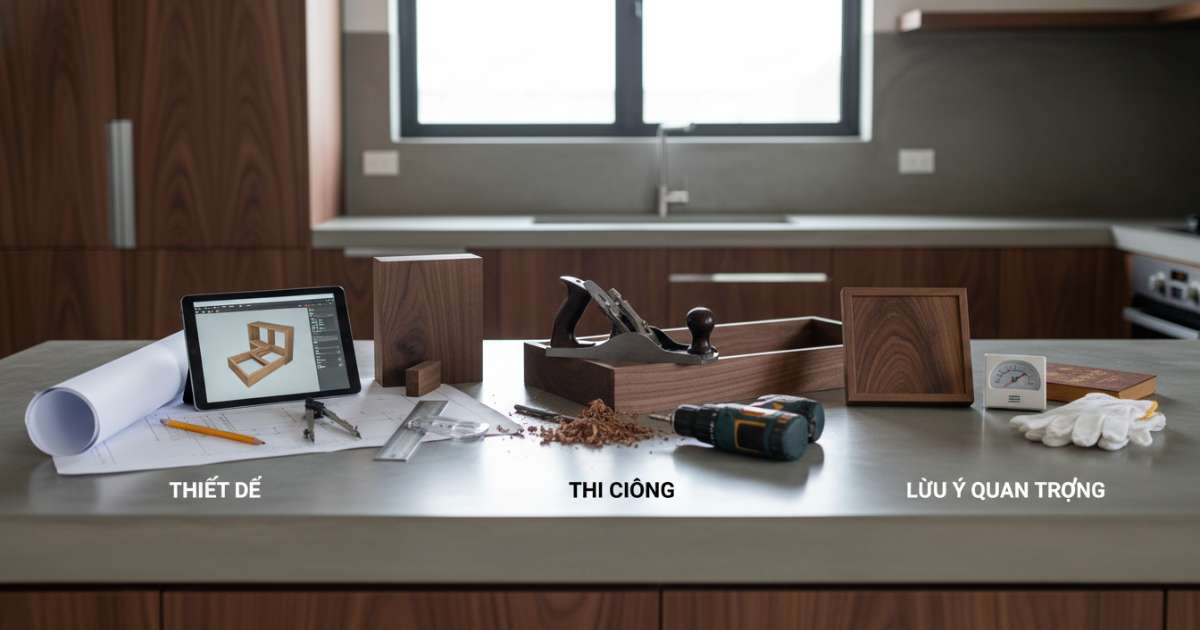 Lưu ý quan trọng khi thiết kế và thi công tủ bếp gỗ óc chó