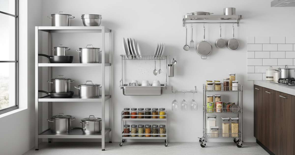 Kinh Nghiệm Chọn Mua Kệ Inox Nhà Bếp Bền Đẹp Và Rẻ Năm 2026 3 Các loại kệ inox nhà bếp phổ biến và công năng sử dụng