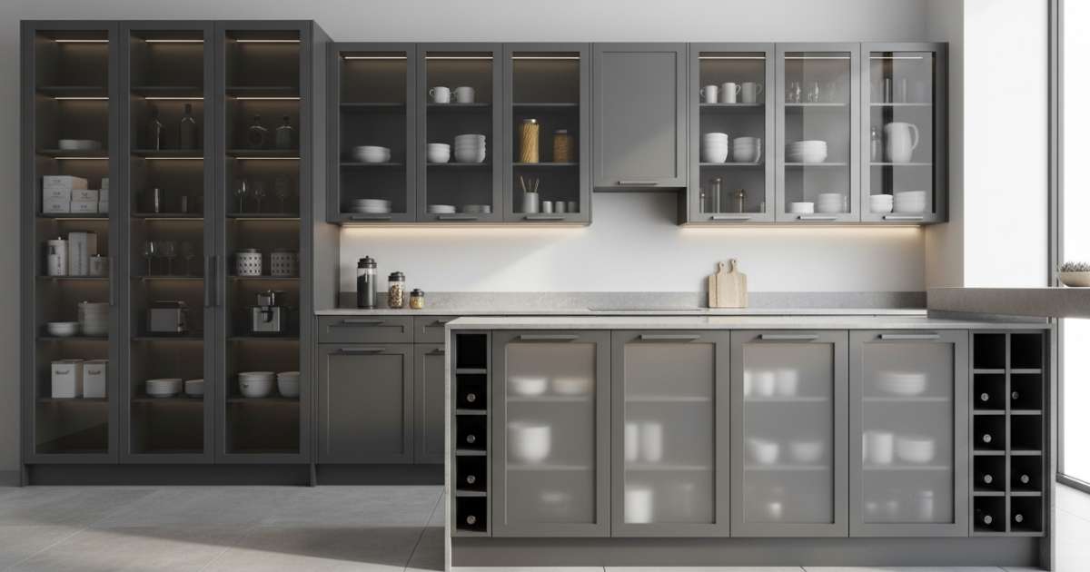 Mẫu tủ bếp nhôm màu xám đẹp hiện đại và sang trọng nhất 2026 3 Các loại tủ bếp nhôm kính màu xám phổ biến hiện nay