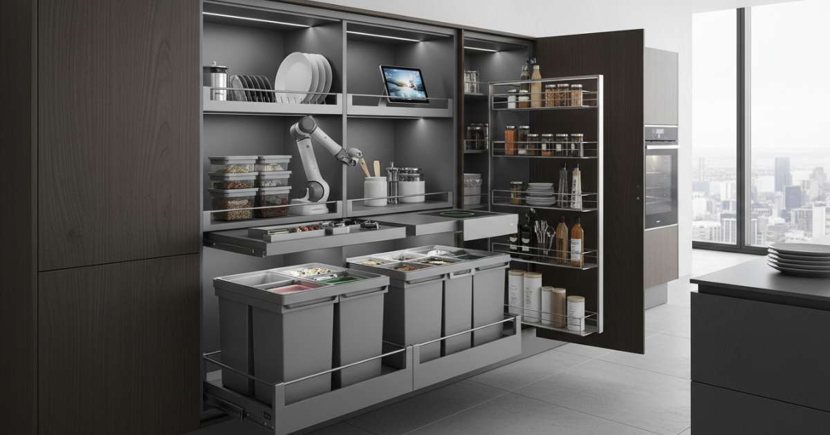 99+ Mẫu tủ bếp thông minh hiện đại và tiện nghi nhất 2026 3 Các phụ kiện không thể thiếu trong hệ thống tu bep thong minh