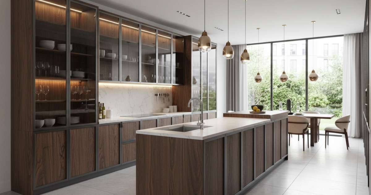 Top 10 mẫu tủ bếp nhôm nội thất bền đẹp và sang trọng 2026 6 Vẻ đẹp sang trọng từ tủ bếp nhôm kính giả gỗ