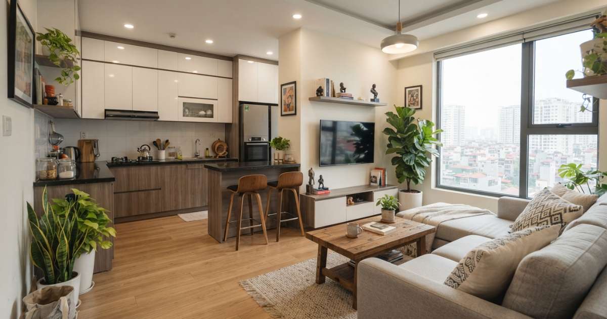 Cách chọn nội thất phòng khách liền bếp 20m2 thông minh