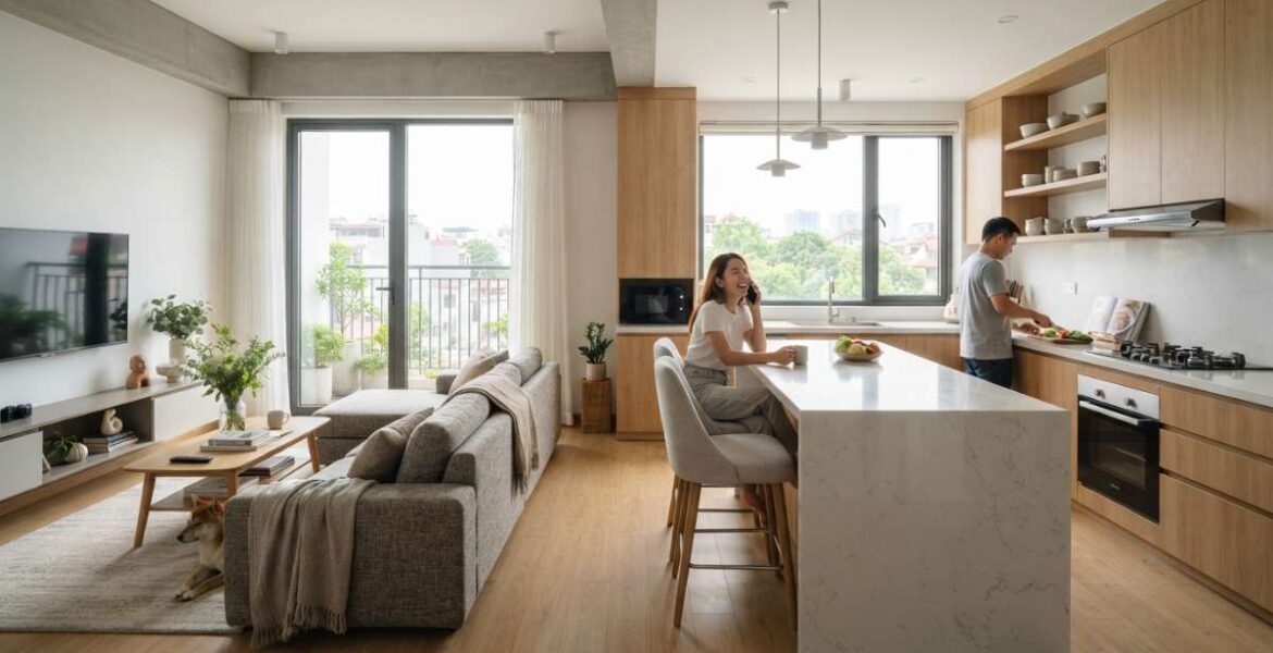 không gian mở phòng khách và bếp