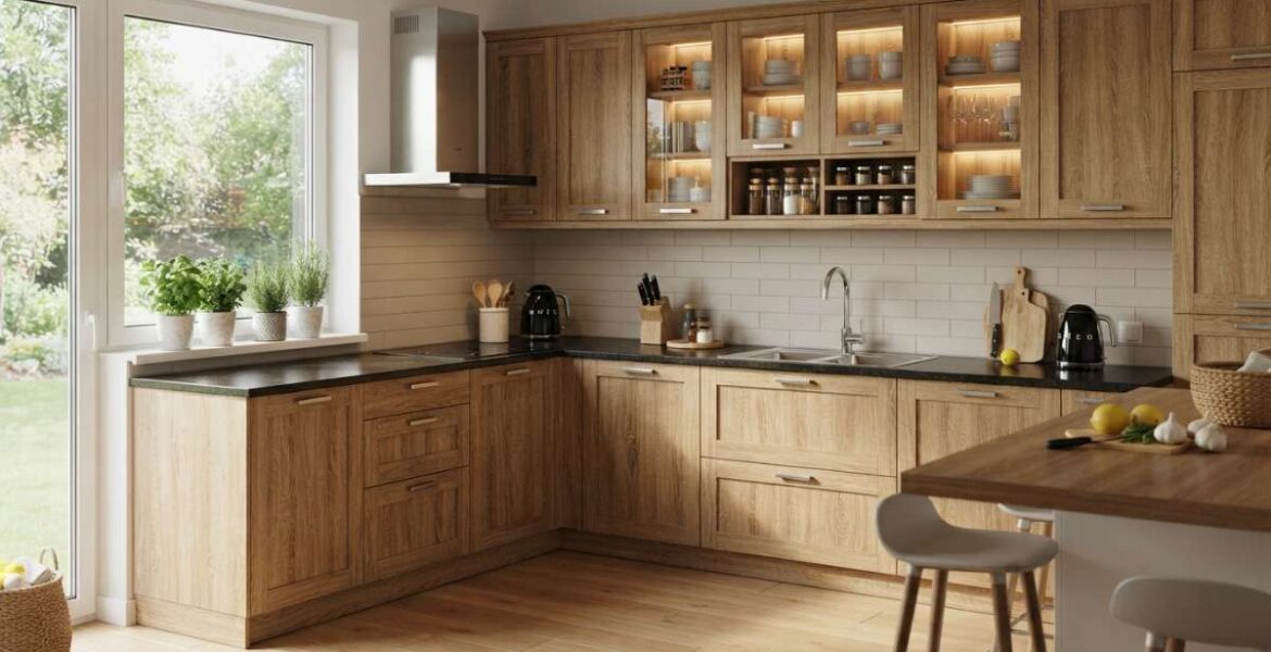 mẫu tủ bếp nhôm giả gỗ đẹp