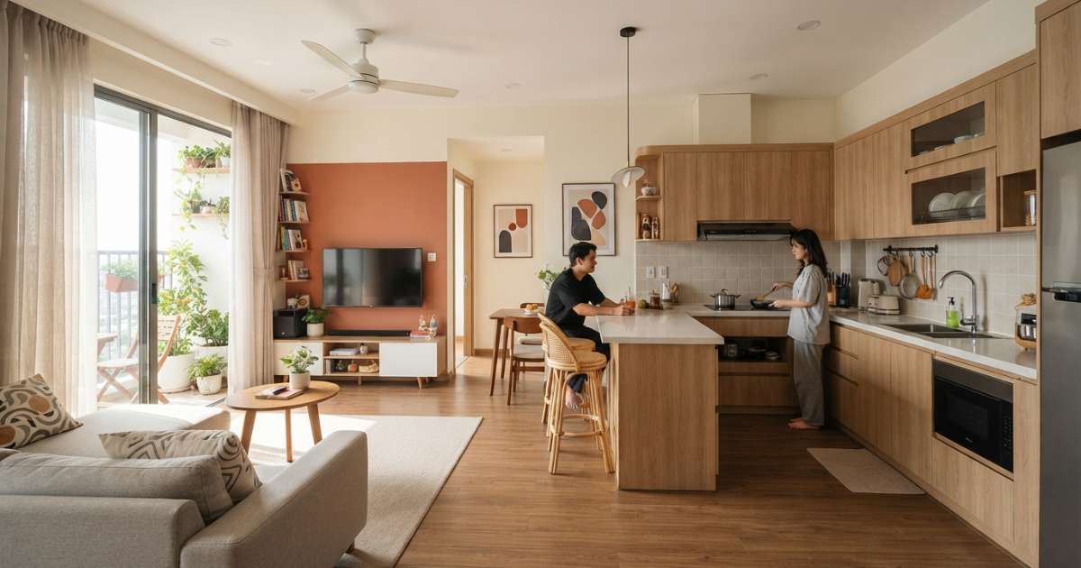 Nguyên tắc bố trí phòng khách liền bếp 20m2 khoa học và tiện nghi