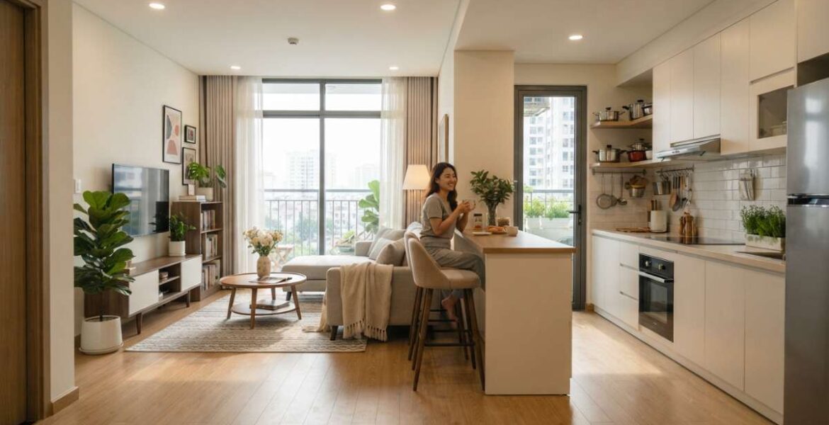 phòng khách liền bếp 20m2