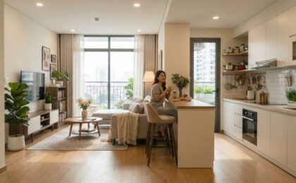 phòng khách liền bếp 20m2