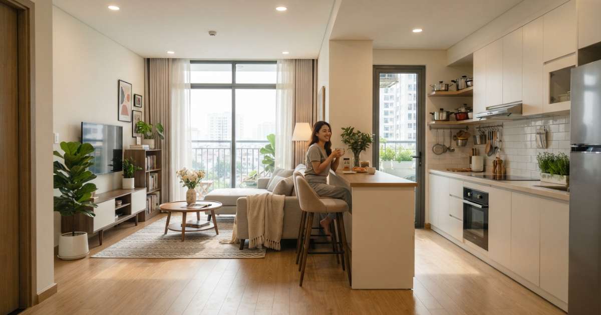phòng khách liền bếp 20m2