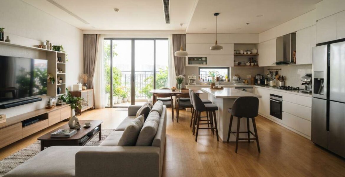phòng khách liền bếp 50m2