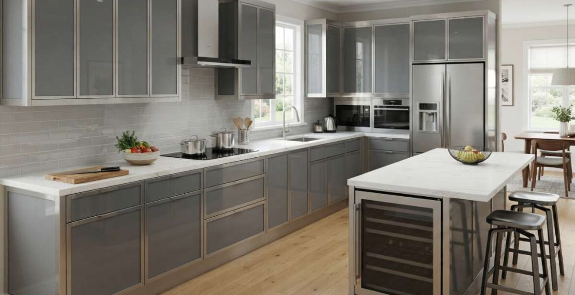 tủ bếp inox cánh kính cường lực