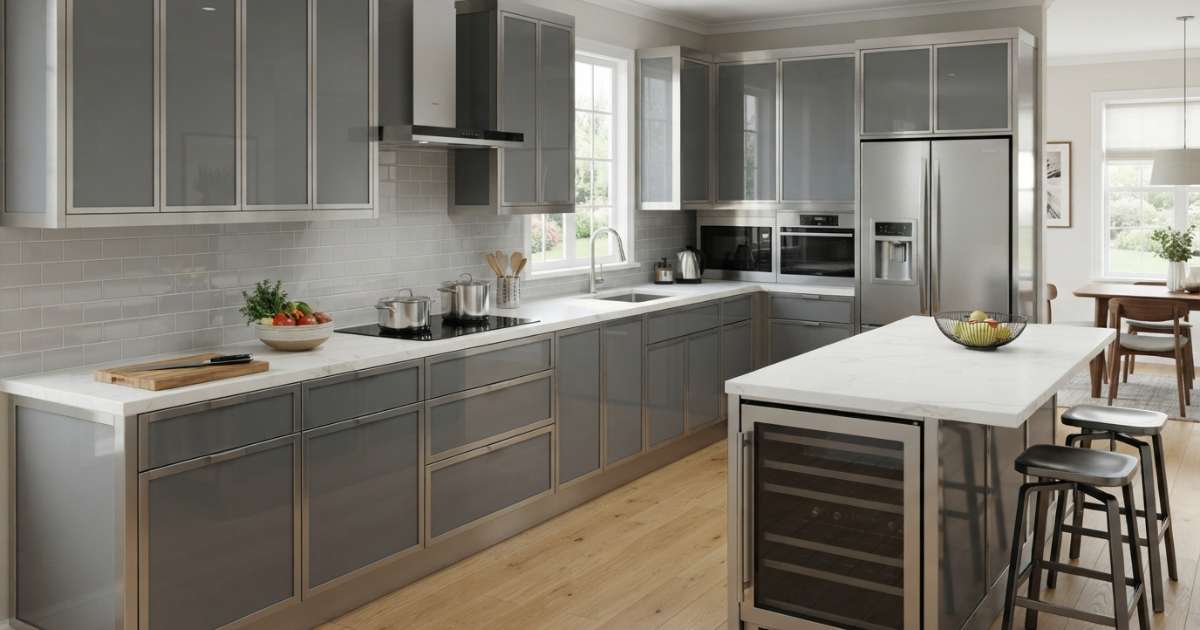 Tủ bếp inox cánh kính cường lực: Ưu điểm và mẫu thiết kế đẹp 2 tủ bếp inox cánh kính cường lực