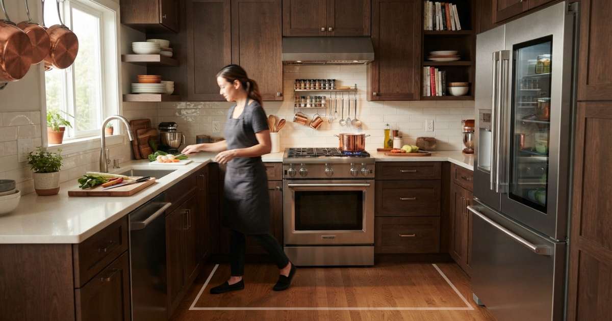 Bí quyết bố trí bếp đẹp và chuẩn phong thủy nhất năm 2026 3 Nguyên tắc tam giác hoạt động khi bố trí phòng bếp