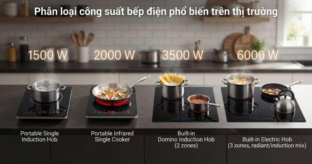 Hướng dẫn chọn công suất bếp điện phù hợp và tiết kiệm 2025 3 Phân loại công suất bếp điện phổ biến trên thị trường