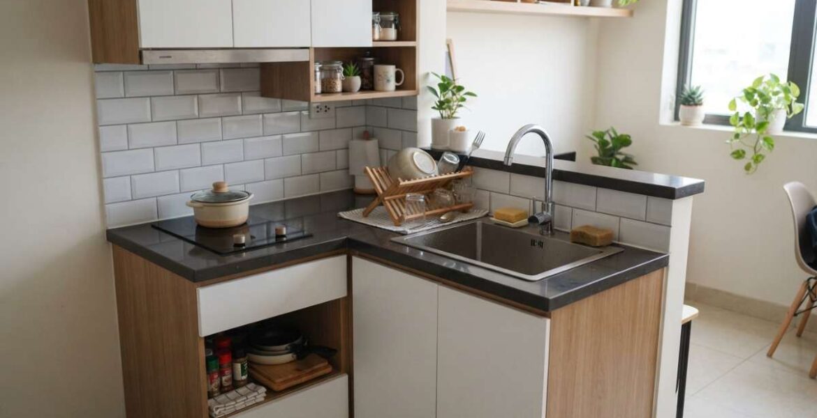 tủ bếp mini có bồn rửa